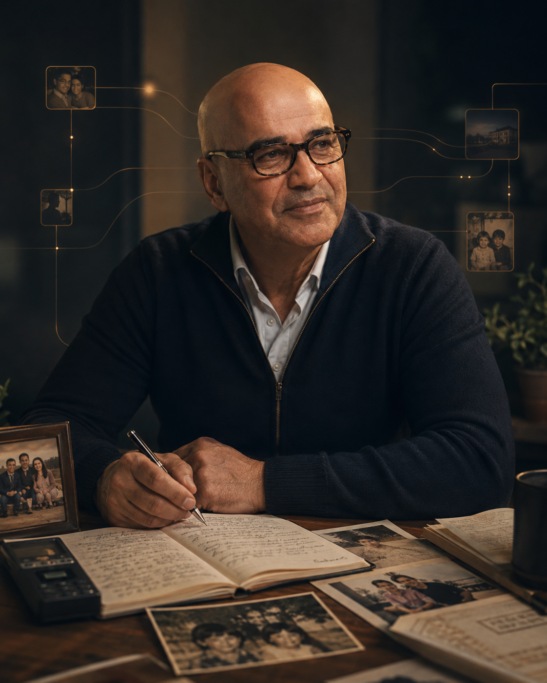 Nader Shaterian writing in his journal, surrounded by photographs and memories that form the first Shaterian Twin.
