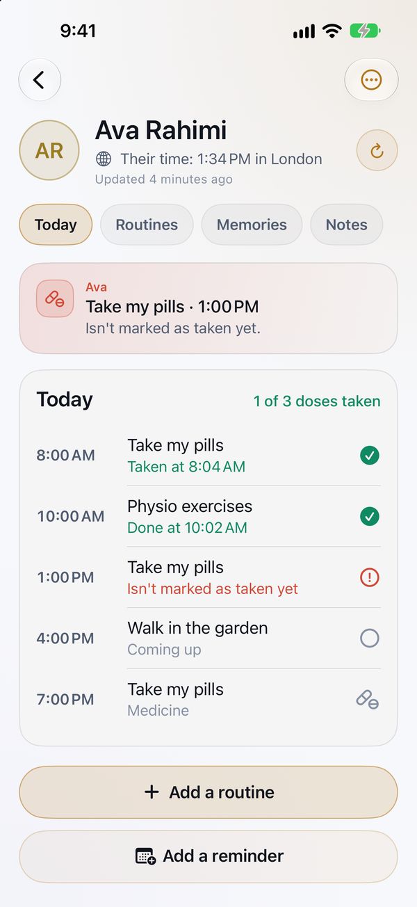 A sample person's day in Shaterian Caregiver: her routines and reminders, which ones she has marked as taken, and one not marked yet.