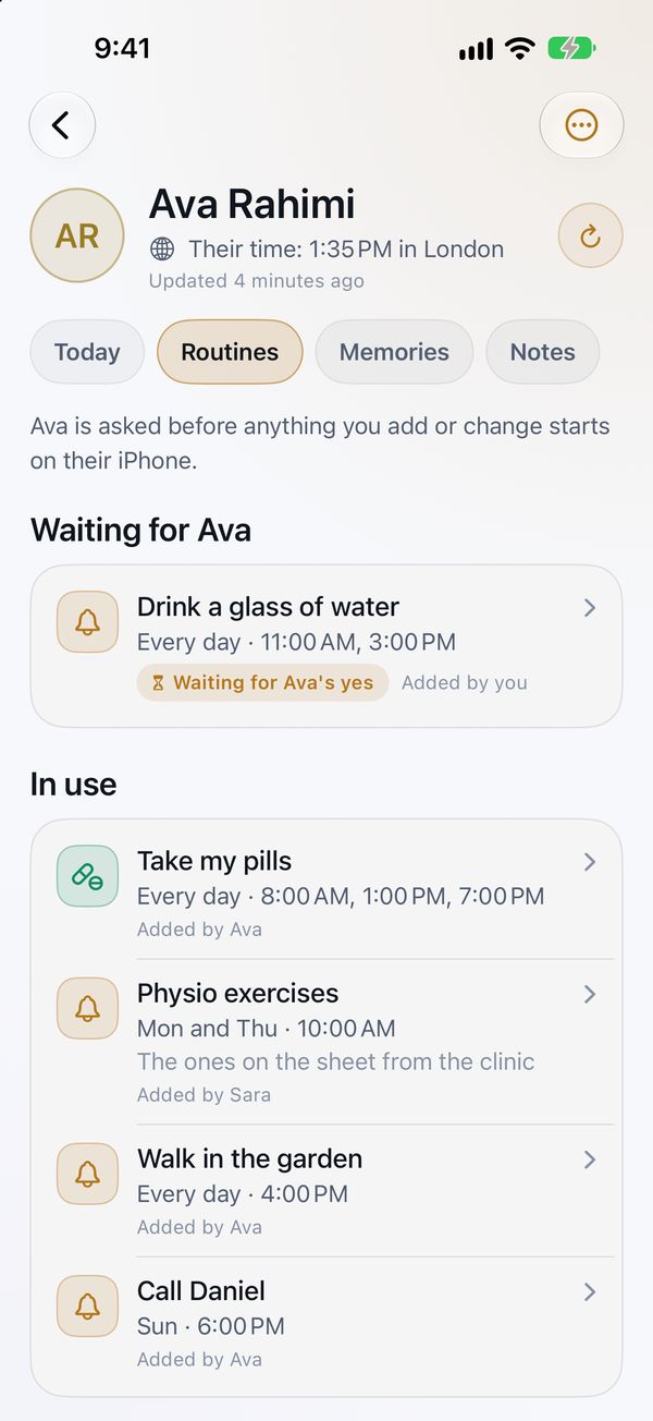 Routines in Shaterian Caregiver: a suggested routine waiting for her yes, and the routines in use on her iPhone.