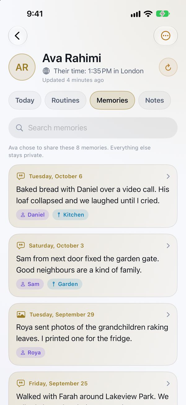 The memories a sample person chose to share; everything else stays private.