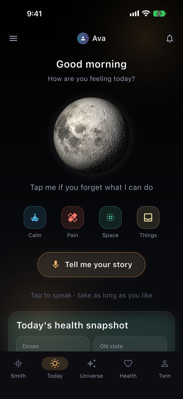 The Today screen: a good-morning greeting, the moon, and a button to tell your story.