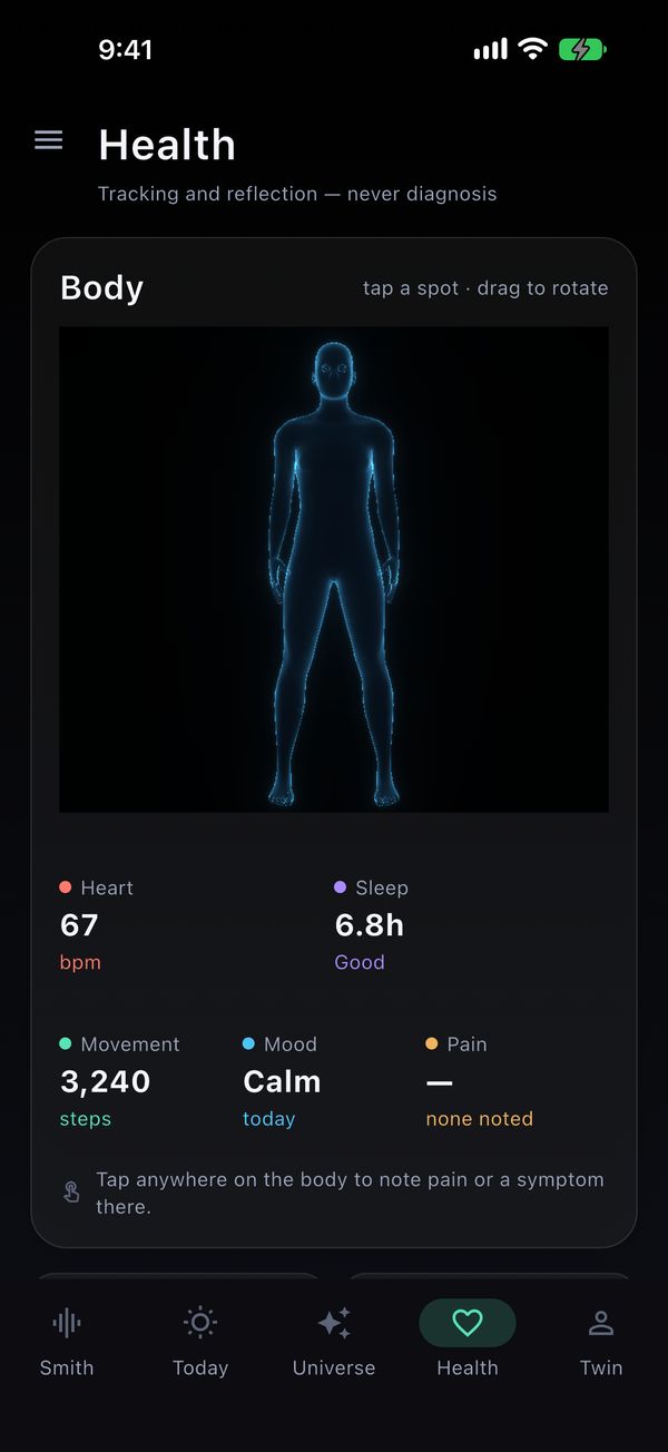 The Health room in Shaterian: a body to tap, and readings for heart rate, sleep, movement, mood and pain